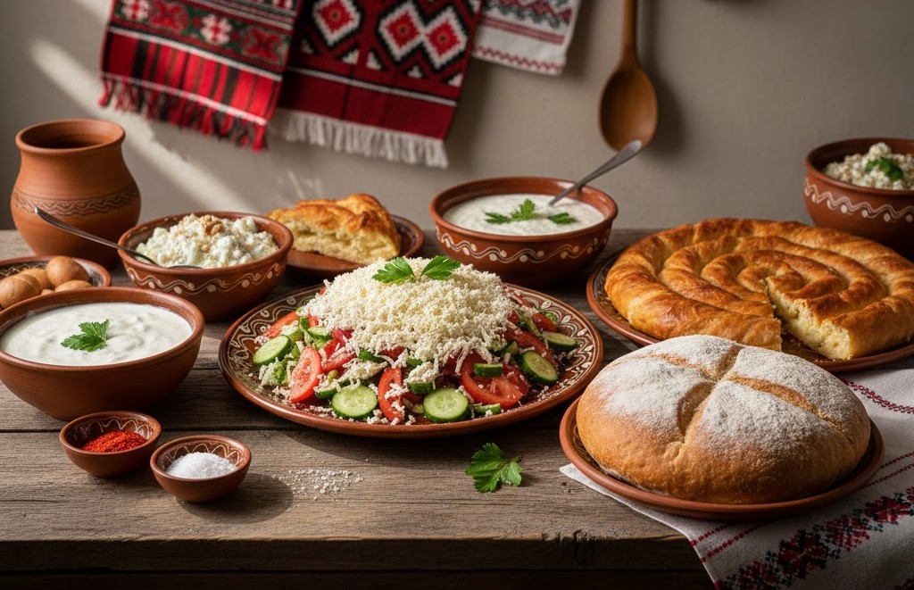 Традиционна българска трапеза с разнообразие от автентични ястия, поднесени на дървена маса с етнографски елементи